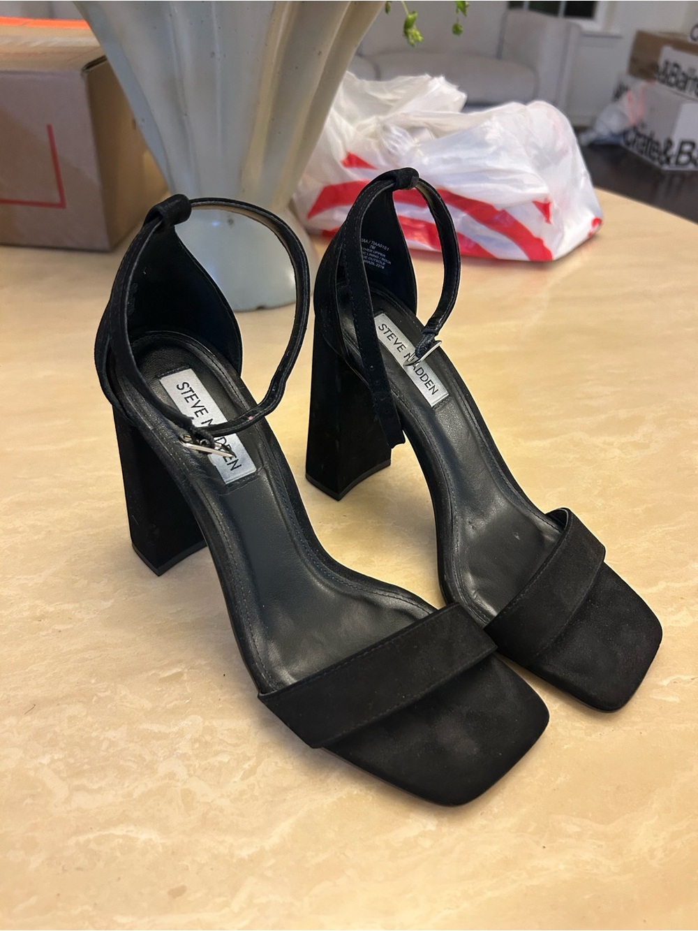 Steve Madden Black Suede Block Heel Ankle Strap Sandals